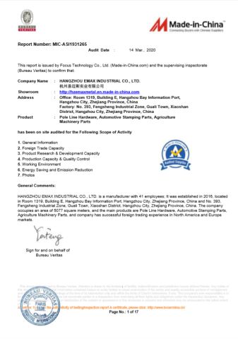 BVFACTORY AUDIT REPORT certificate of Hangzhou Emax Industrial Co., Ltd. – certificate photo, supplier certificates section