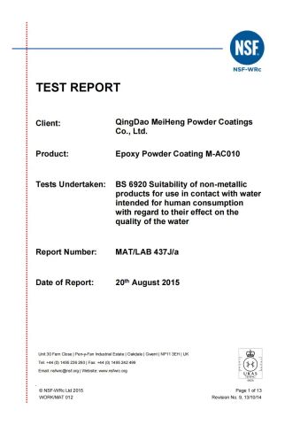 Gas test report certificate from Qingdao Sam Powder Coating Co., Ltd.