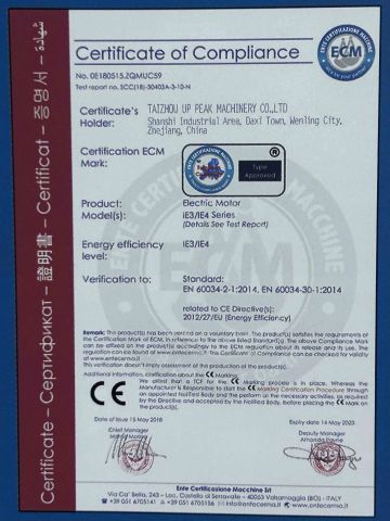 Certificate of compliance certificate from taizhou up peak Motor Co., Ltd.