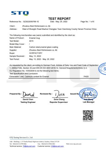 LFGB certificate from ZHOUKOU BEST KITCHENWARE CO., LTD.