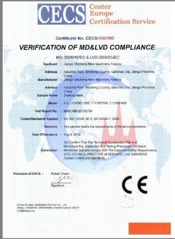 CE Cerficate certificate from Jiangxi Province County Mining Machinery Factory