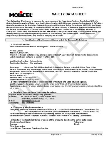 MSDS - Molicel Battery Cells certificate from Shenzhen Senchtec Technology Co., Ltd.