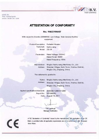 CE Certification of Portable Concrete Vibrator certificate from Ningbo Ace Machinery Co., Ltd.