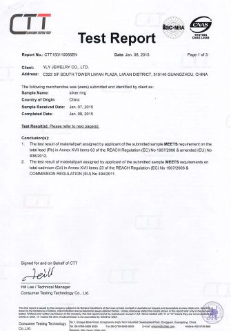 Lead and cadmium report certificate from YLY JEWELLERY CO., LTD.