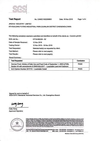 LFGB Certificate of Ceramic Burrs certificate from SHENZHEN JINGHUI INDUSTRY LIMITED
