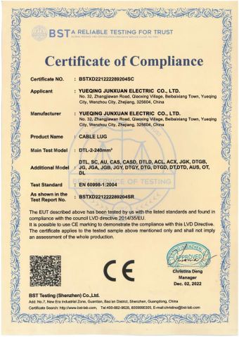 CE of cable lug certificate from Yueqing Junxuan Electric Co., Ltd.