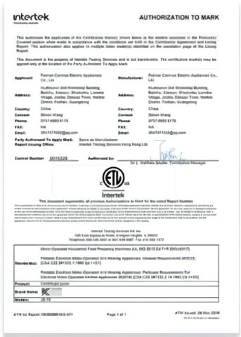 ETL certificate from Zhongshan Qichuang Electric Co., Ltd