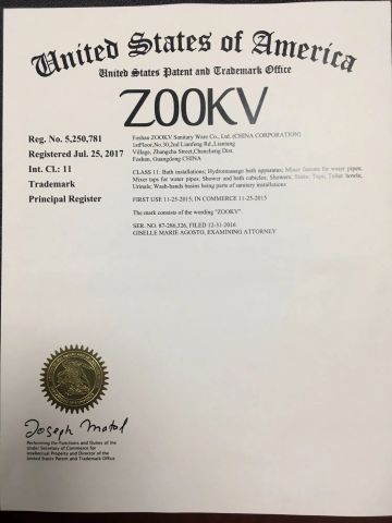 ZOOKV trademark of America certificate from Foshan ZOOKV Kitchen-Bath Co., Ltd.