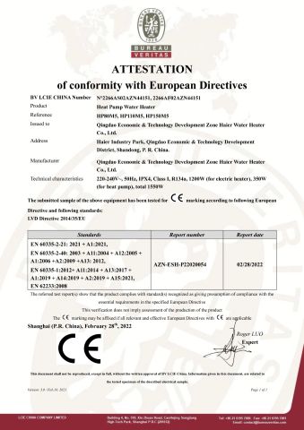 CE Certificate of Heat Pump Water Heater certificate from Qingdao Haier New Energy Appliance Co., Ltd.