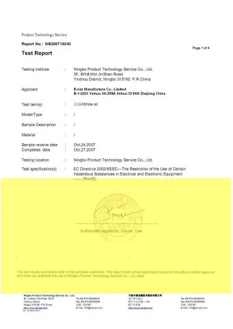 RoHs1 certificate from Evian Manufacture Co., Limited