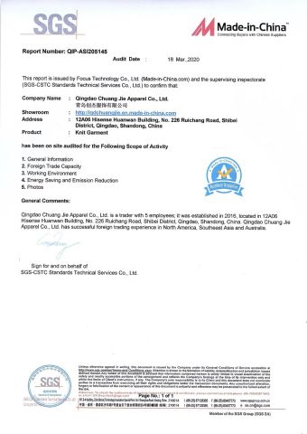 SGS report certificate from Qingdao Chuang Jie Apparel Co., Ltd.