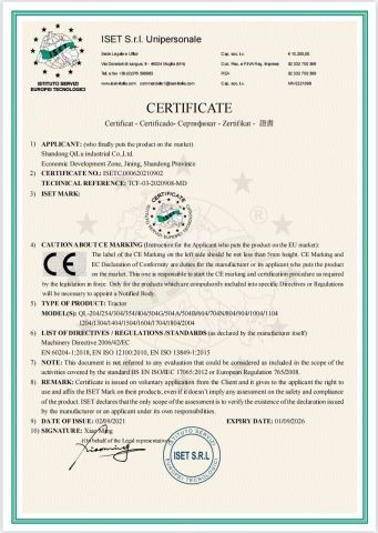 Tractor CE certificate from Shandong Qilu Industrial Co., Ltd.