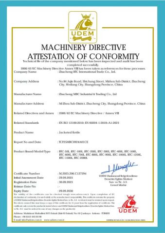 CE certificate from ZHUCHENG MBC INDUSTRIAL & TRADING CO., LTD.