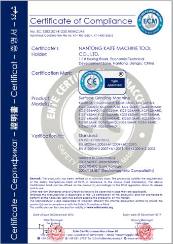 CE certificate from NANTONG KAITE MACHINE TOOL CO., LTD.