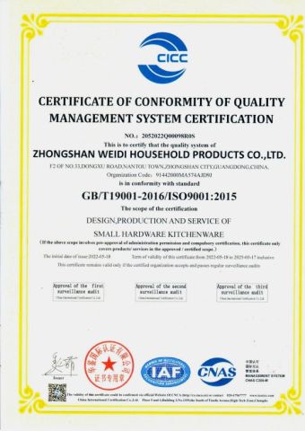 ISO9001 Certificate of Conformity of Quality Management System Certification certificate from JK Kitchen Hardware Co., Ltd