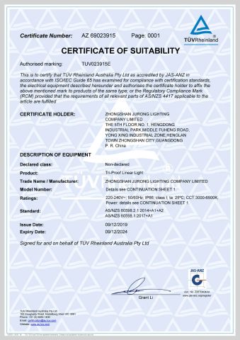 TUV Certificate certificate from Zhongshan Jurong Lighting company limited