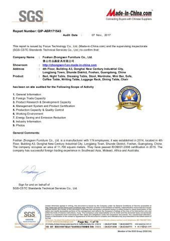 SGS certificate from FOSHAN TRINITY(ZHONGSEN) FURNITURE CO.LTD