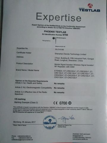 CE0700 certificate from Shenzhen Etenda Technology Limited