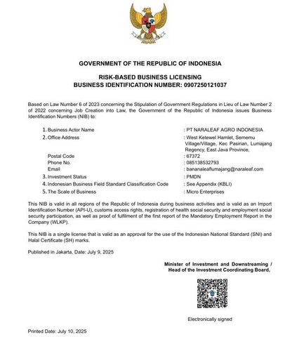 export permit certificate of PT. NARALEAF AGRO INDONESIA – certificate photo, supplier certificates section