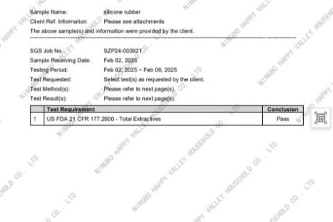 Silicone FDA test certificate certificate from Ningbo Happy Valley Household Co., Ltd.