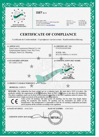CE certification of uPVC Profile certificate of Jinan Lumei Construction Material Co., Ltd. – certificate photo, supplier certificates section