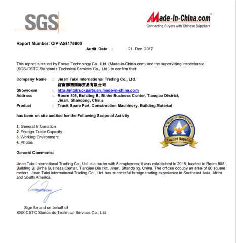 AUDITED SUPPLIER certificate of Jinan Taixi International Trading Co., Ltd. – certificate photo, supplier certificates section