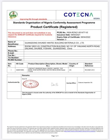 Nigeria PC Certification certificate from Guangdong Shunde Hantec Building Materials Co., Ltd.
