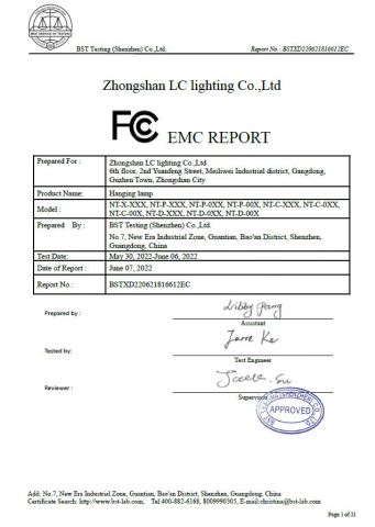 fcc emc report certificate of Zhongshan LC lighting Co.,Ltd. – certificate photo, supplier certificates section