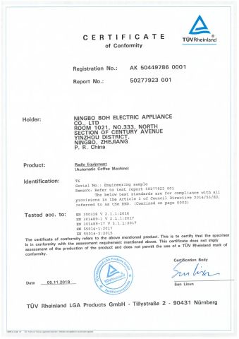 CE certificate from Ningbo Longbank Intelligence Appliance Co., Ltd.