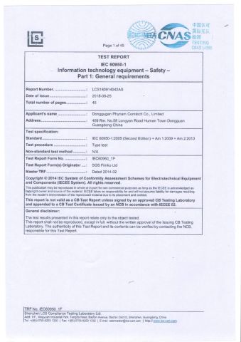 IEC test report certificate from Dongguan Phynam Comtech Co., Ltd.
