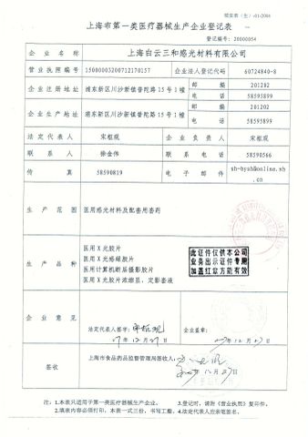 Shanghai Class 1 Medical device manufacturer registration from certificate from Shanghai Bai Yun San He Sensitive Materials Co., Ltd.