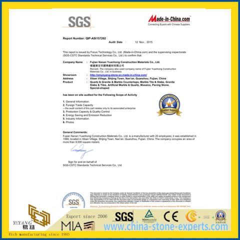 2015 SGS Audited Report of Fujian Yuanhong Construction Materials with YEYANG Stone Factory certificate from Xiamen Yeyang Import & Export Co., Ltd.