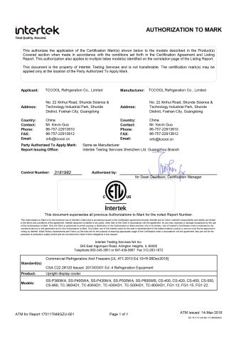 UL Certificate certificate from TCCOOL Refrigeration Co., Limited