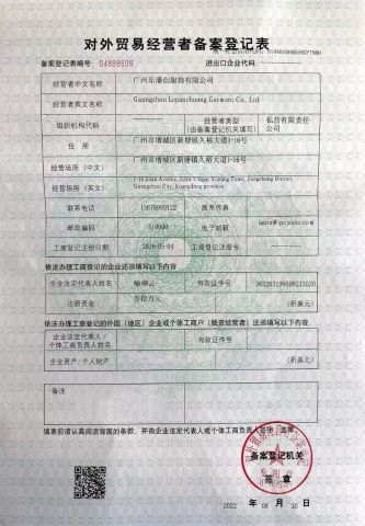Export Co certificate from Guangzhou Lepanchuang Garment Co., Ltd.