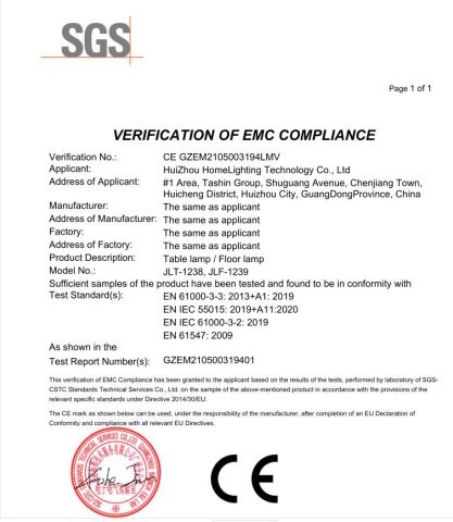 SGS-CE APPROVAL certificate of Huizhou Homelighting Technology Co., Ltd. – certificate photo, supplier certificates section