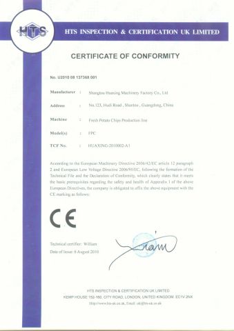 Certificate of Conformity certificate from Shantou Huaxing Machinery Factory Co., Ltd.