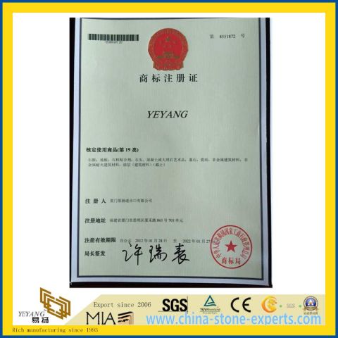 YEYANG Trademark Registration Certificate with NO 8551872 from YEYANG Stone Factory certificate from Xiamen Yeyang Import & Export Co., Ltd.