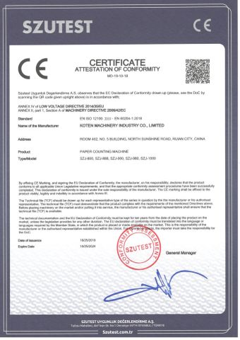 CE certificate from RUIAN KOTEN MACHINERY CO.,LTD