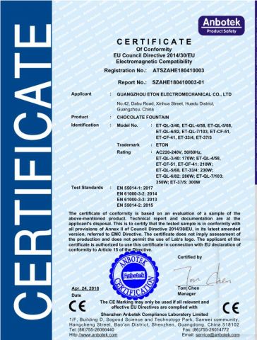 chocolate machine certificate from Guangzhou ETON Import & Export Co., Ltd.