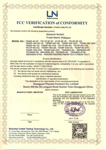 network switch FCC certificate from Dongguan Phynam Comtech Co., Ltd.