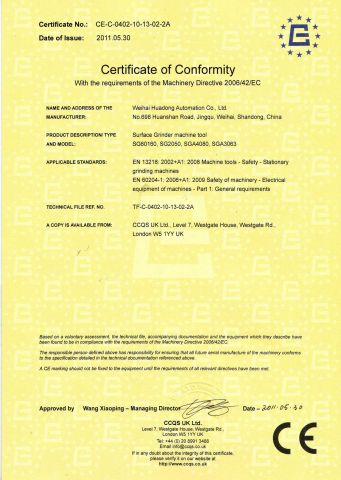 SG surface grinder CE certificate from Weihai Huadong Automation Co., Ltd