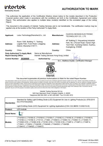 ETL for Bulbs certificate of Lutou Technology (Shenzhen) Co., Ltd. – certificate photo, supplier certificates section