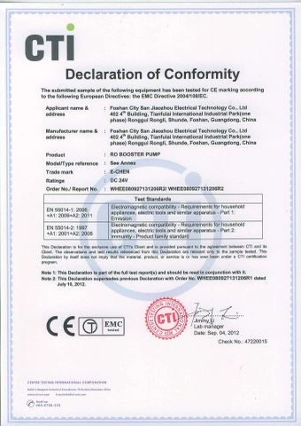 CE Certificate of RO Booster Pump certificate from Foshan City San Jiaozhou Electrical Technology Co., Ltd