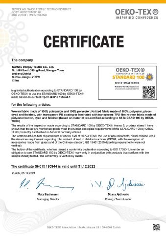 OEKO-TEX-100 certificate from Suzhou Welljoy Textile Co., Ltd.