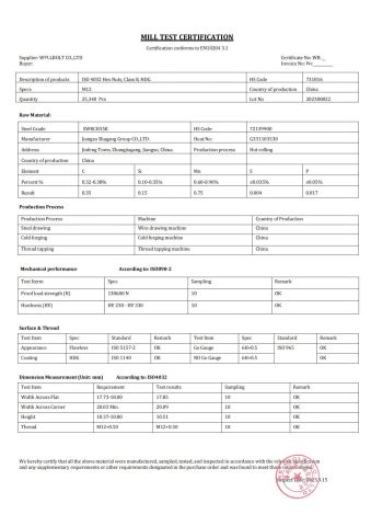 3.1 MTC certificate from WELLBOLT CO., LTD.