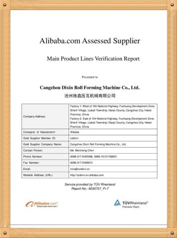 German TUV Assessed Factory certificate of Cangzhou Dixin Roll Forming Machine Co., Ltd. – certificate photo, supplier certificates section