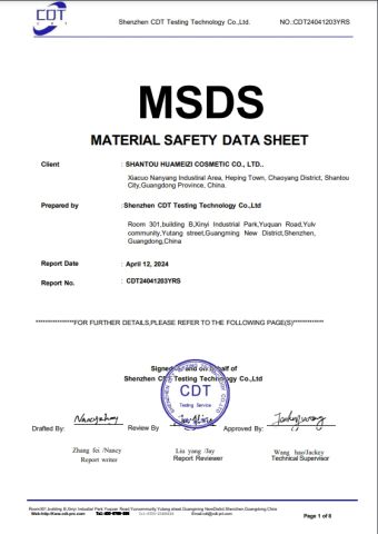 Material Safety Data Sheet certificate from Guangzhou EmbAroma Cosmetics Co., Ltd.