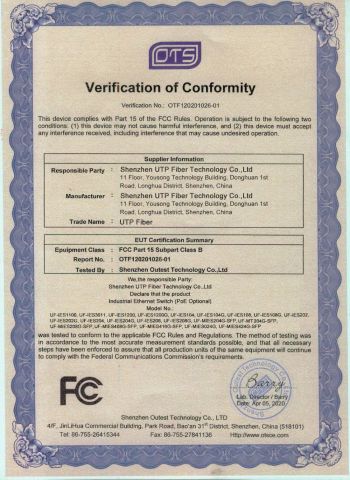FCC certificate from Shenzhen UTP Fiber Technology Co., Ltd.