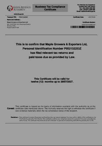 Tax compliance certificate from Maple Grower's & Exporters Ltd