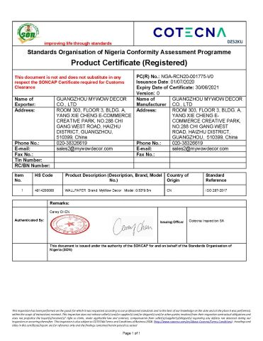 Product Certificate certificate of Guangzhou MyWow Decor Co., Ltd – certificate photo, supplier certificates section